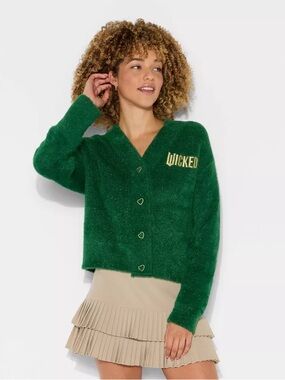 Katie Kime Green 'WICKED' Heart-Button Cardigan Sweater